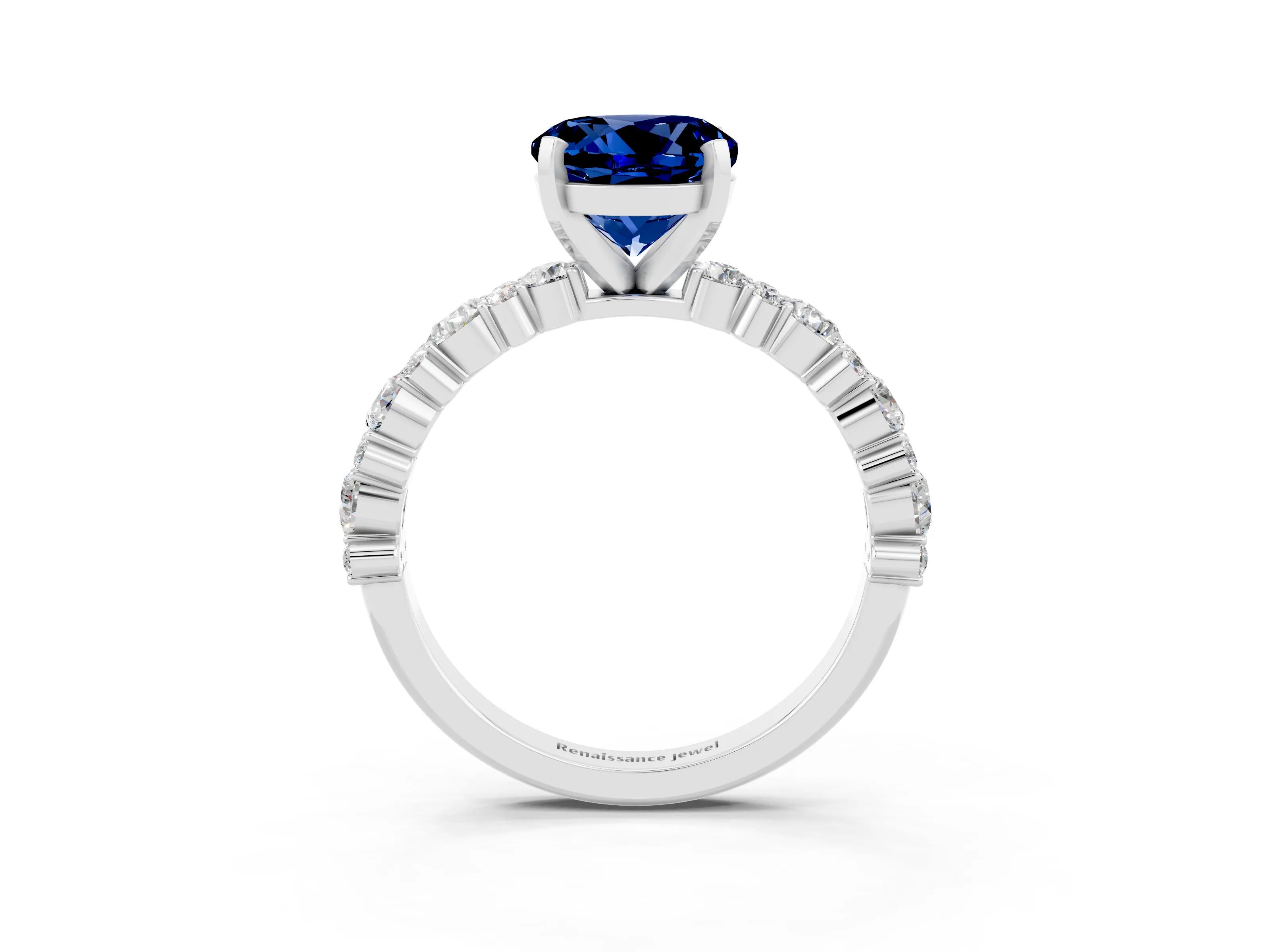 White gold Round Cut Blue Sapphire Solitaire with Side Stones, Pave Band, Four-Prong Setting_27