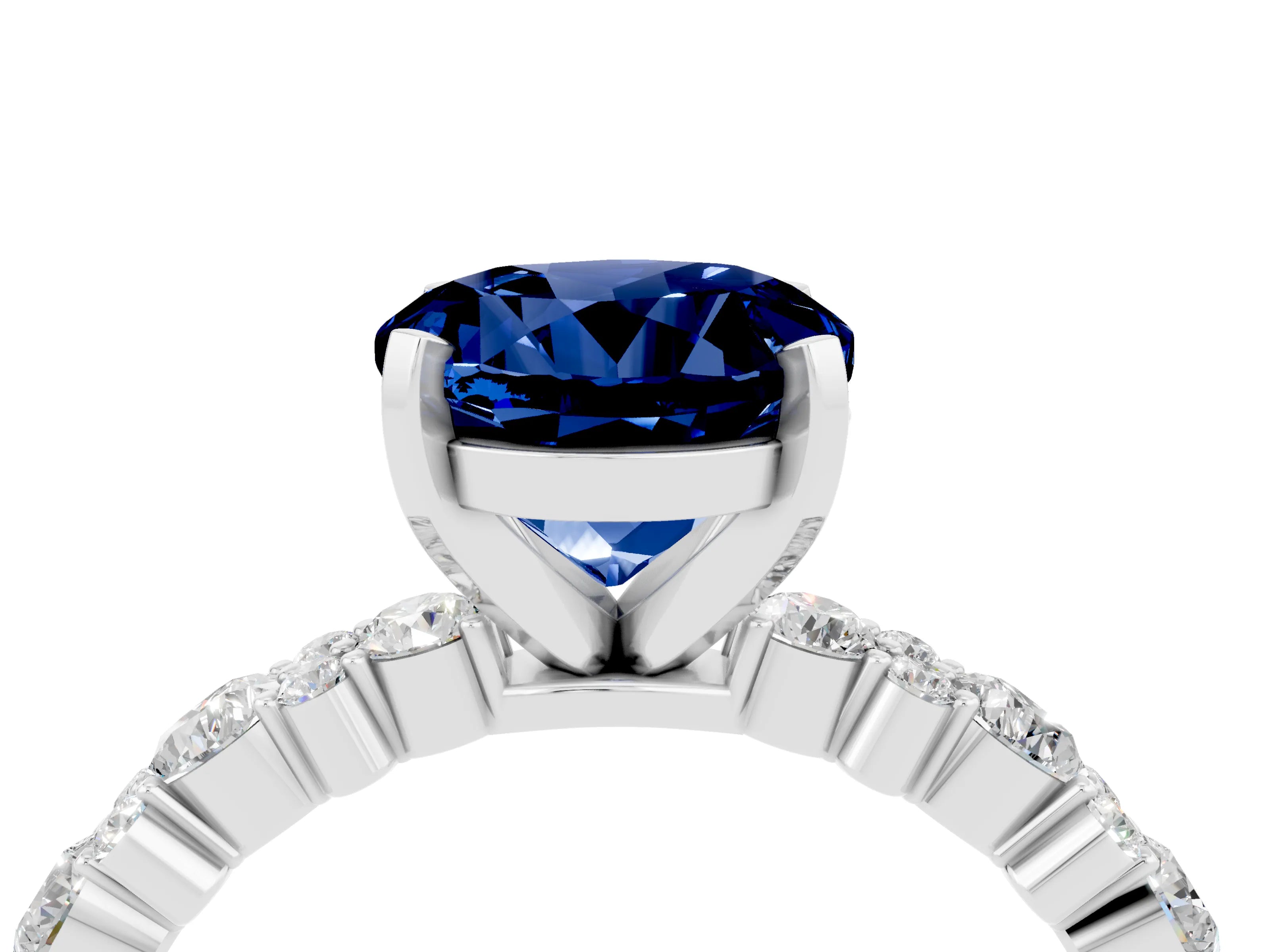 White gold Round Cut Blue Sapphire Solitaire with Side Stones, Pave Band, Four-Prong Setting_28