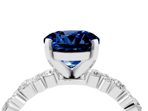 White gold Round Cut Blue Sapphire Solitaire with Side Stones, Pave Band, Four-Prong Setting_28