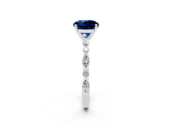 Silver Round Cut Blue Sapphire Ring with Marquise and Round  Side Stones and Four-Prong Setting