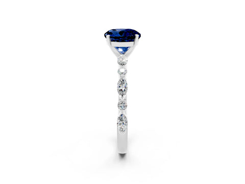 White gold Round Cut Blue Sapphire Solitaire with Side Stones on a Pavé Band and Four-Prong Setting_2
