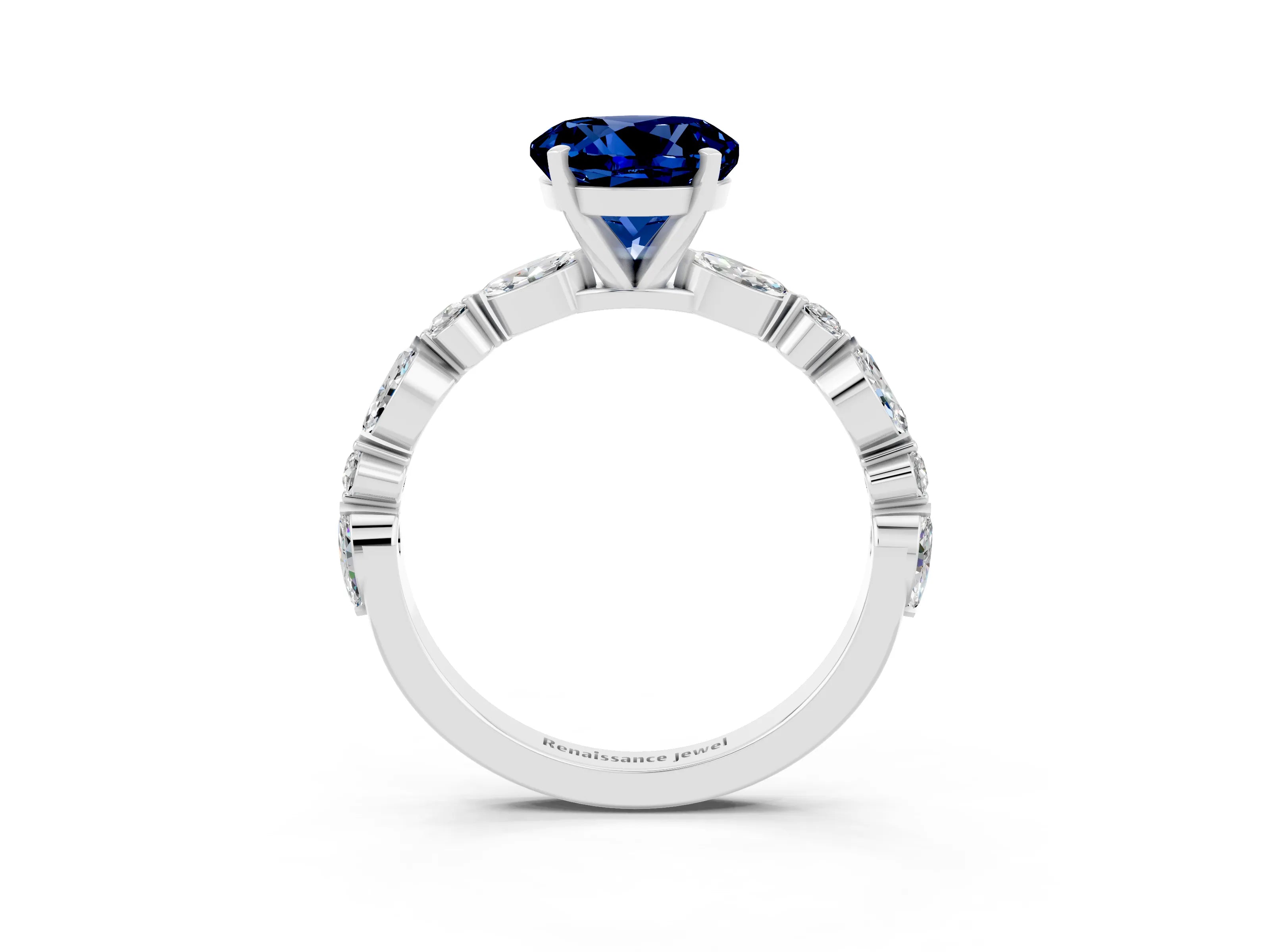 White gold Round Cut Blue Sapphire Solitaire with Side Stones on a Pavé Band and Four-Prong Setting_3