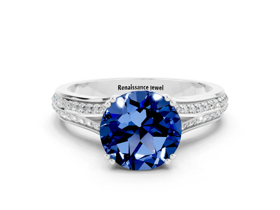White gold Round Cut Blue Sapphire Split Shank Engagement Ring with Pavé Band