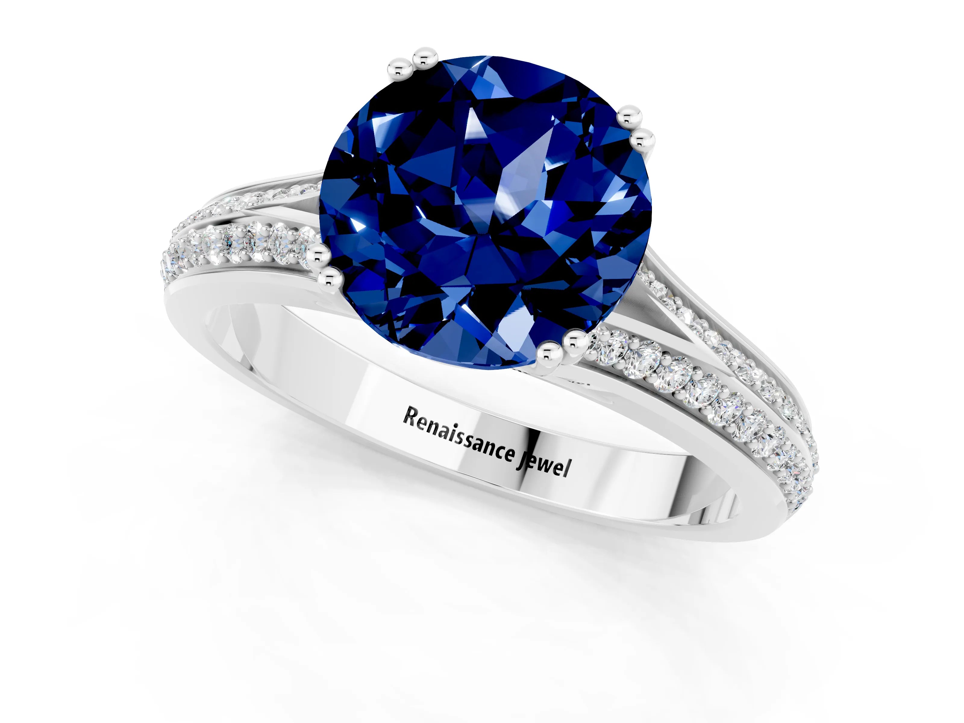White gold Round Cut Blue Sapphire Split Shank Engagement Ring with Pavé Band_1