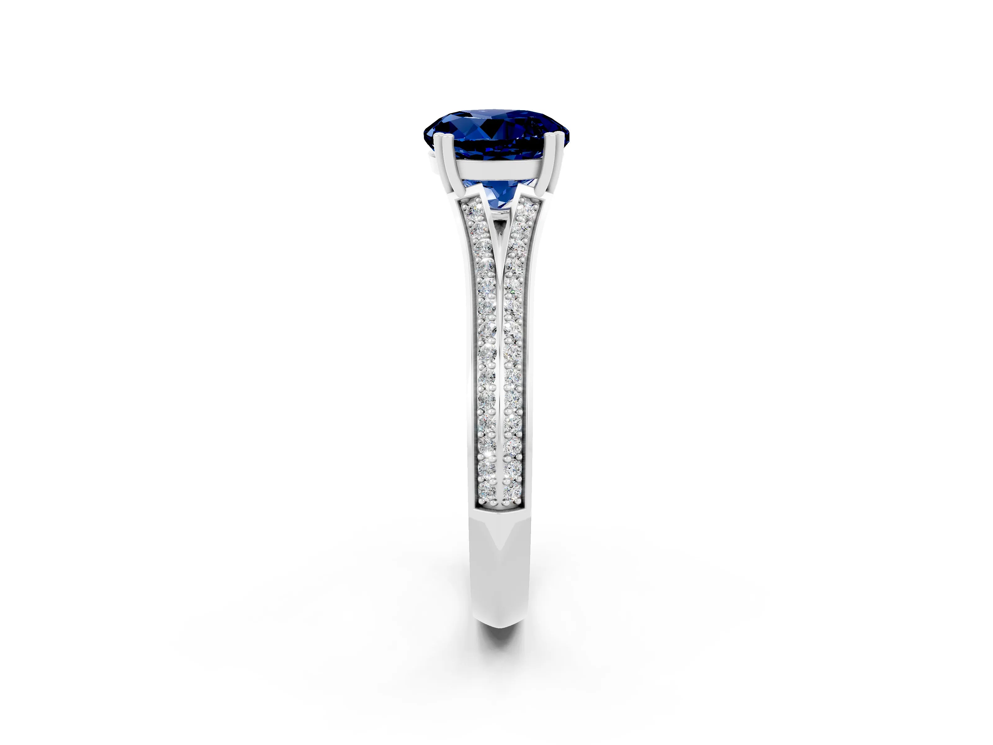 White gold Round Cut Blue Sapphire Split Shank Engagement Ring with Pavé Band_2