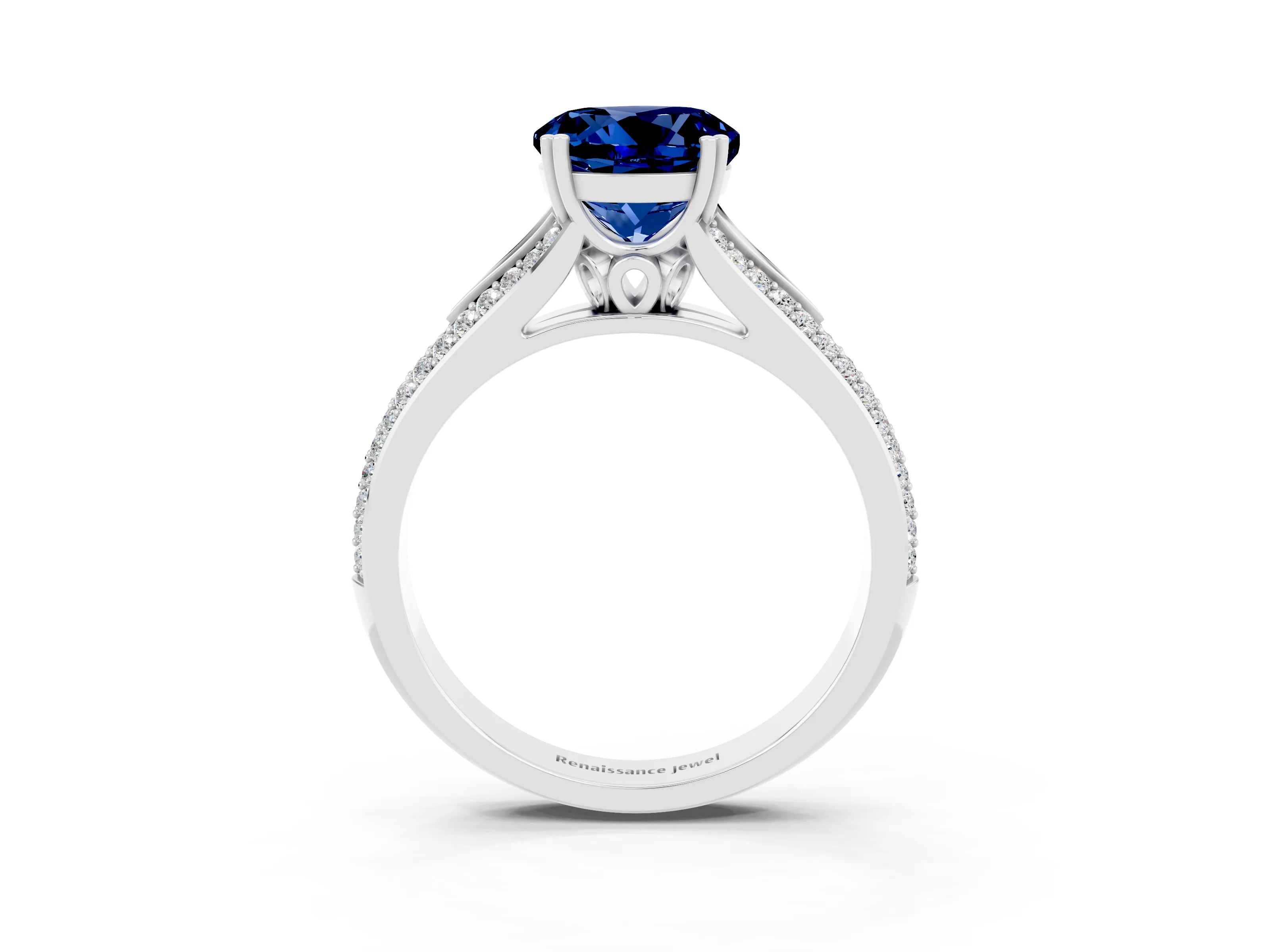 White gold Round Cut Blue Sapphire Split Shank Engagement Ring with Pavé Band_3