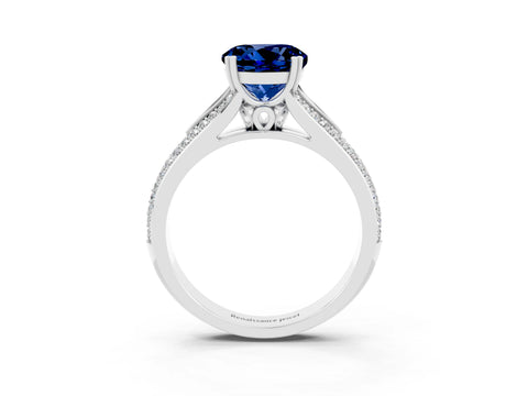 White gold Round Cut Blue Sapphire Split Shank Engagement Ring with Pavé Band_3