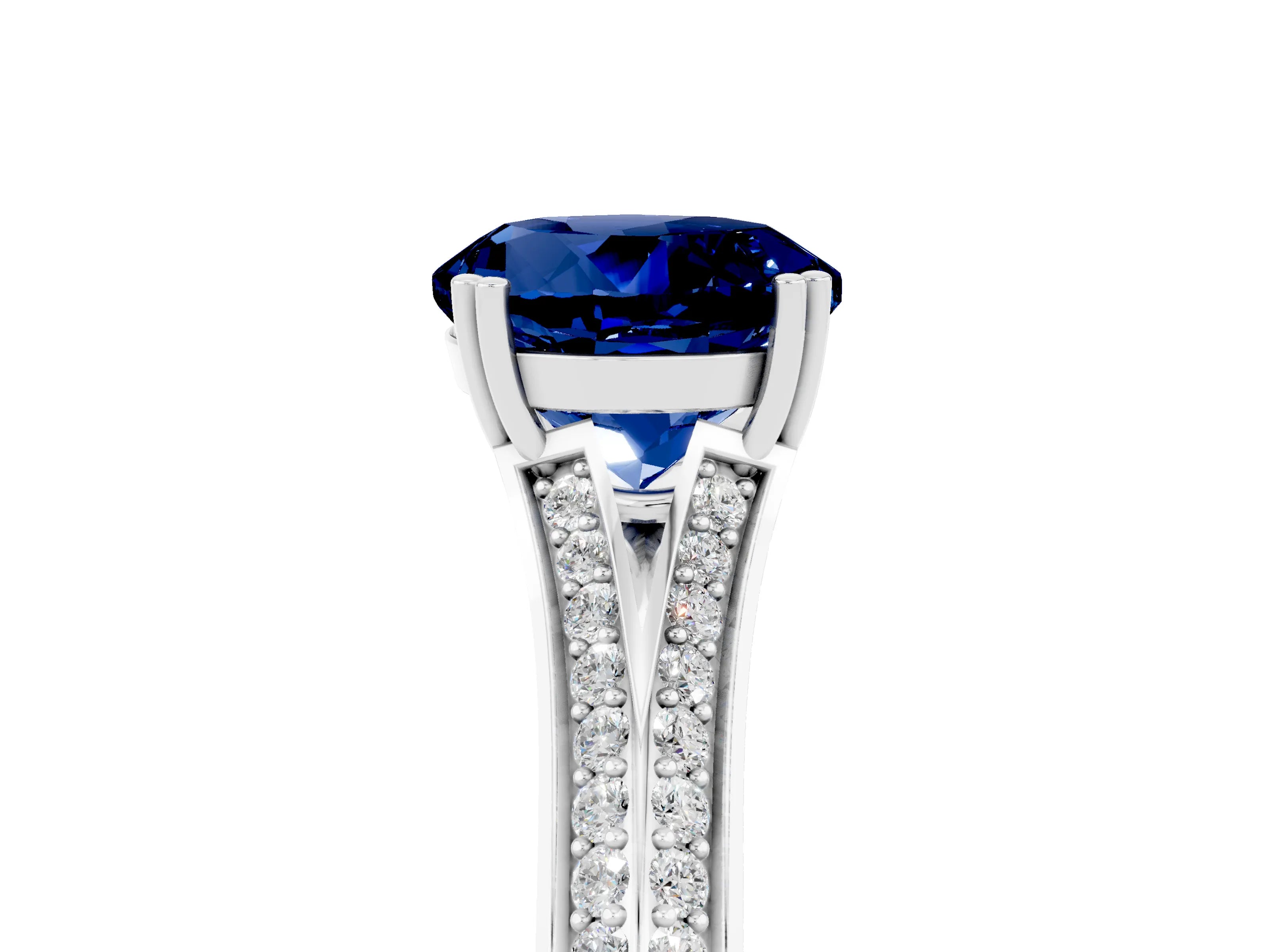 White gold Round Cut Blue Sapphire Split Shank Engagement Ring with Pavé Band_5