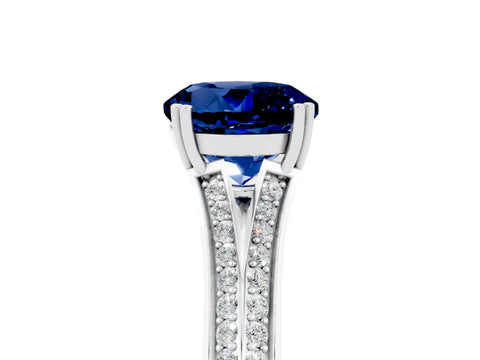 White gold Round Cut Blue Sapphire Split Shank Engagement Ring with Pavé Band_5