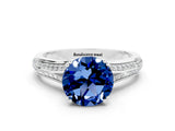 White gold Round Cut Blue Sapphire Split Shank Engagement Ring with Pavé Band