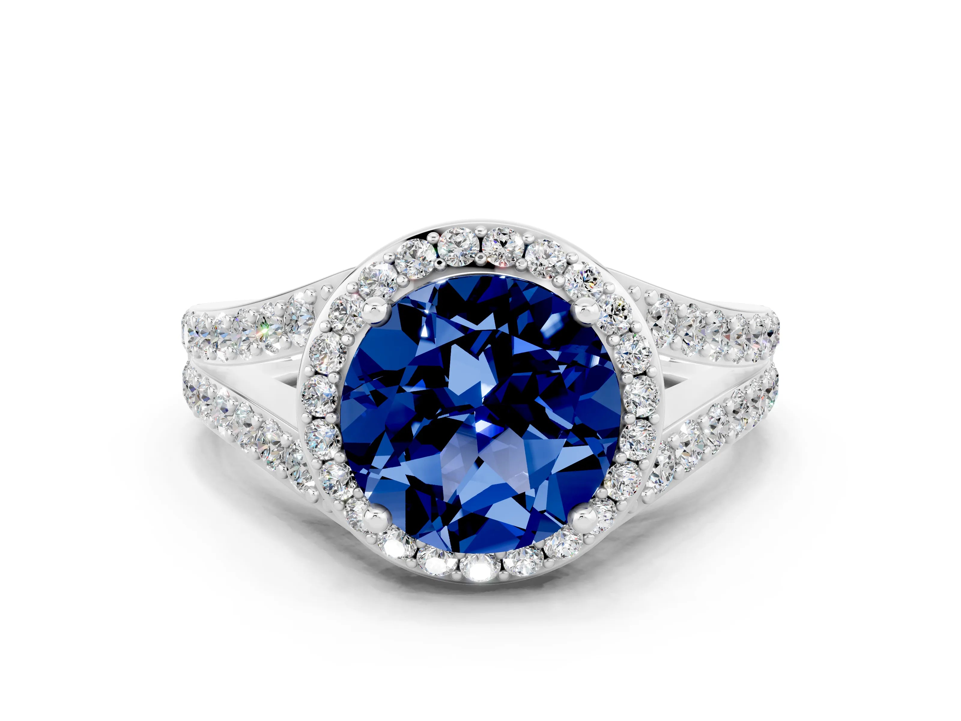White gold Round Cut Blue Sapphire Split Shank Halo Ring with Four-Prong Setting_12