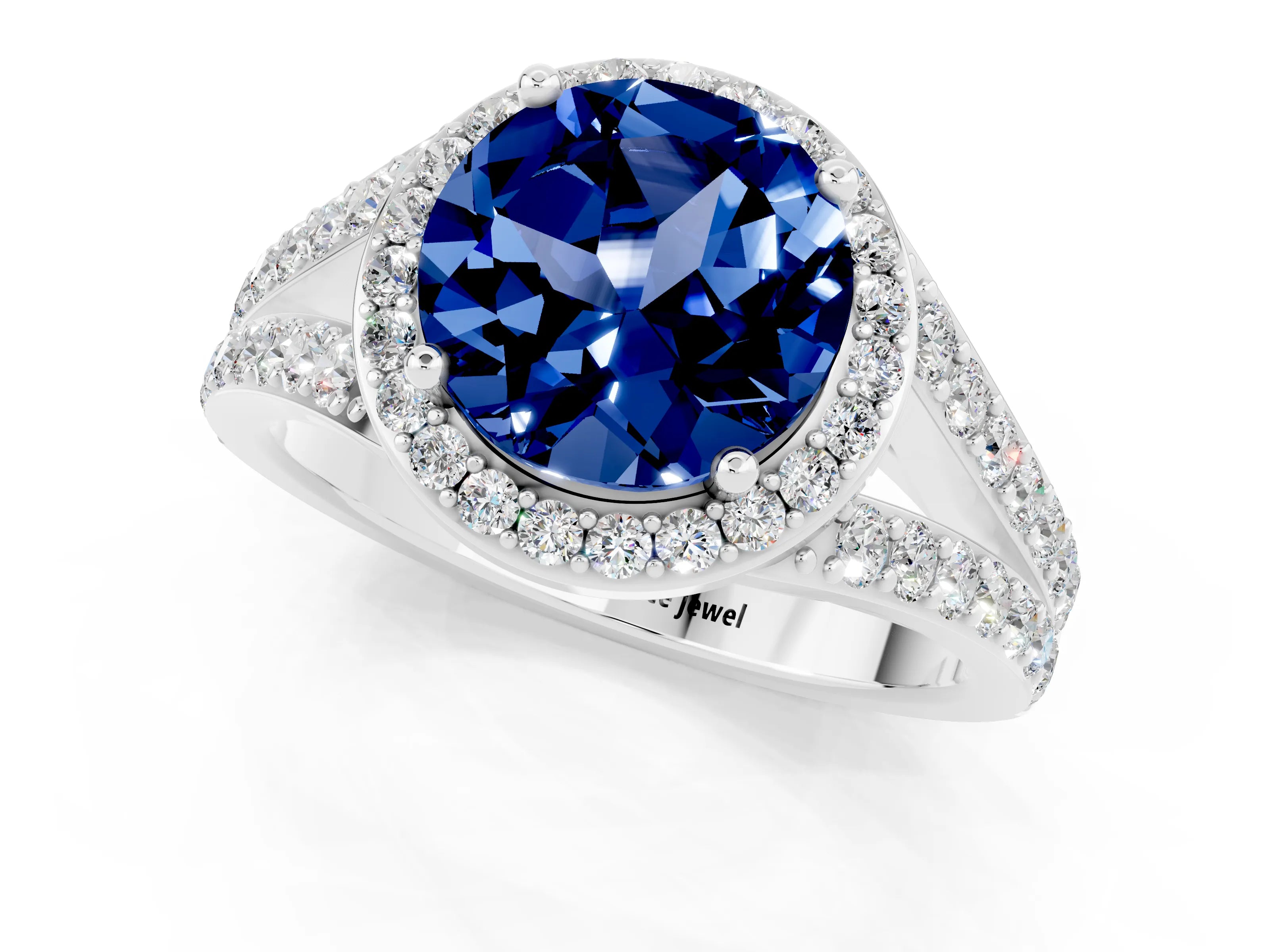 White gold Round Cut Blue Sapphire Split Shank Halo Ring with Four-Prong Setting_13