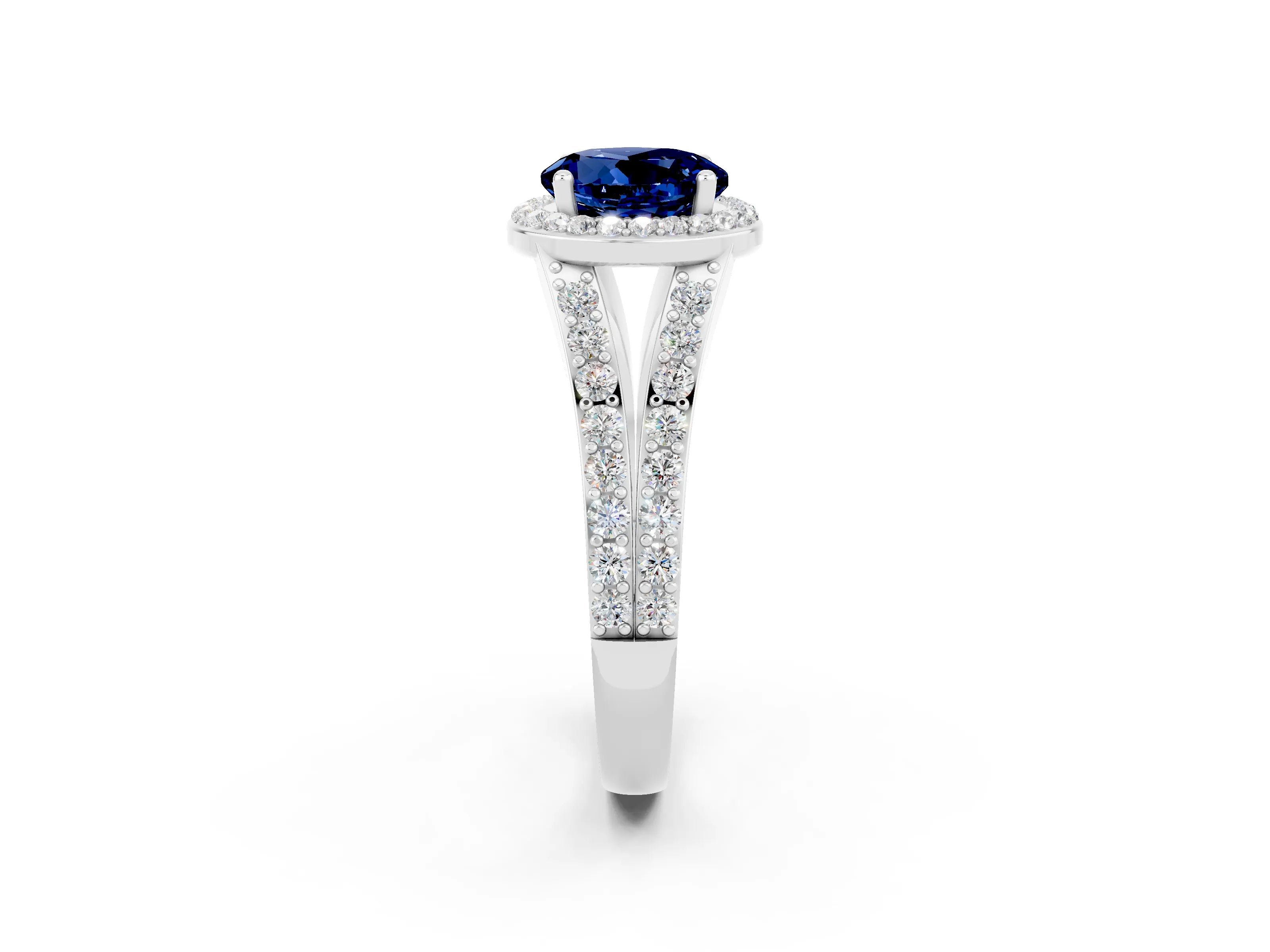 White gold Round Cut Blue Sapphire Split Shank Halo Ring with Four-Prong Setting_14