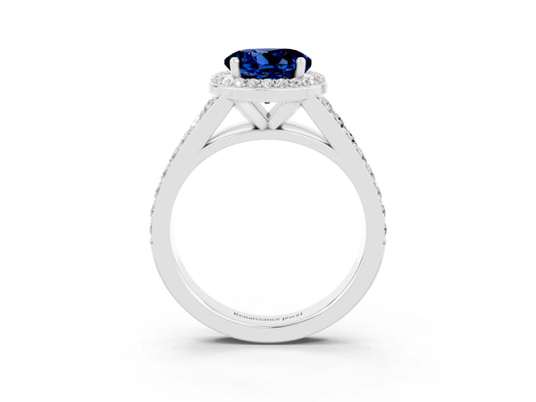 Platinum Round Cut Blue Sapphire Split Shank Halo Ring with Four-Prong Setting