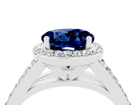White gold Round Cut Blue Sapphire Split Shank Halo Ring with Four-Prong Setting_16