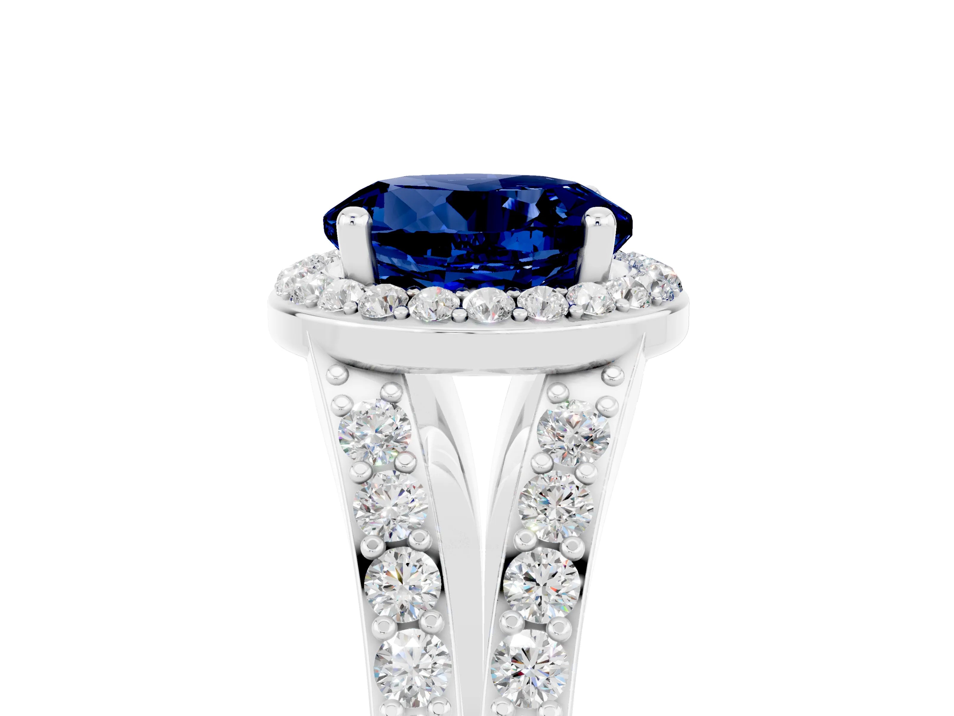 White gold Round Cut Blue Sapphire Split Shank Halo Ring with Four-Prong Setting_17