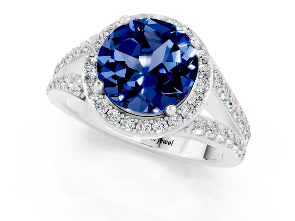 White gold Round Cut Blue Sapphire Split Shank Halo Ring with Four-Prong Setting
