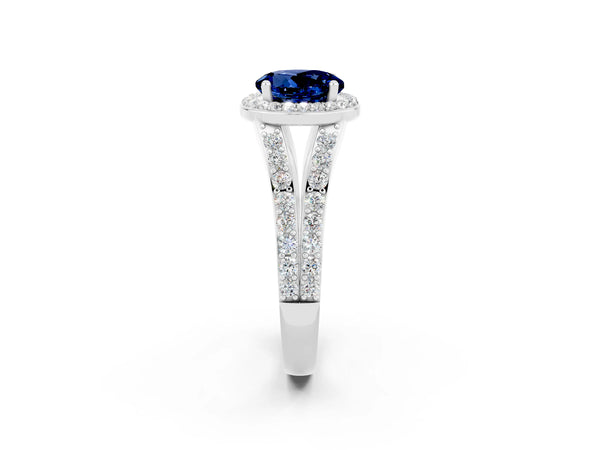 White gold Round Cut Blue Sapphire Split Shank Halo Ring with Four-Prong Setting