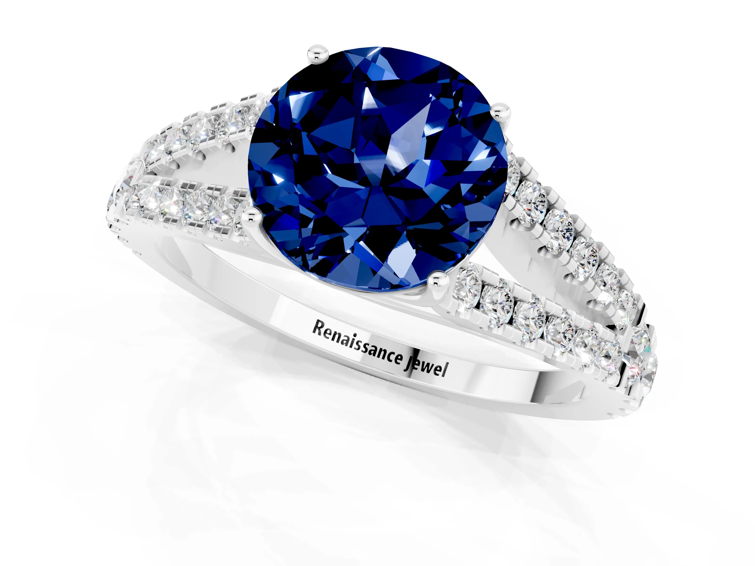 White gold Round Cut Blue Sapphire Split Shank Pavé Engagement Ring with Four-Prong Setting_13