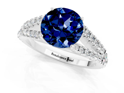 White gold Round Cut Blue Sapphire Split Shank Pavé Engagement Ring with Four-Prong Setting_13