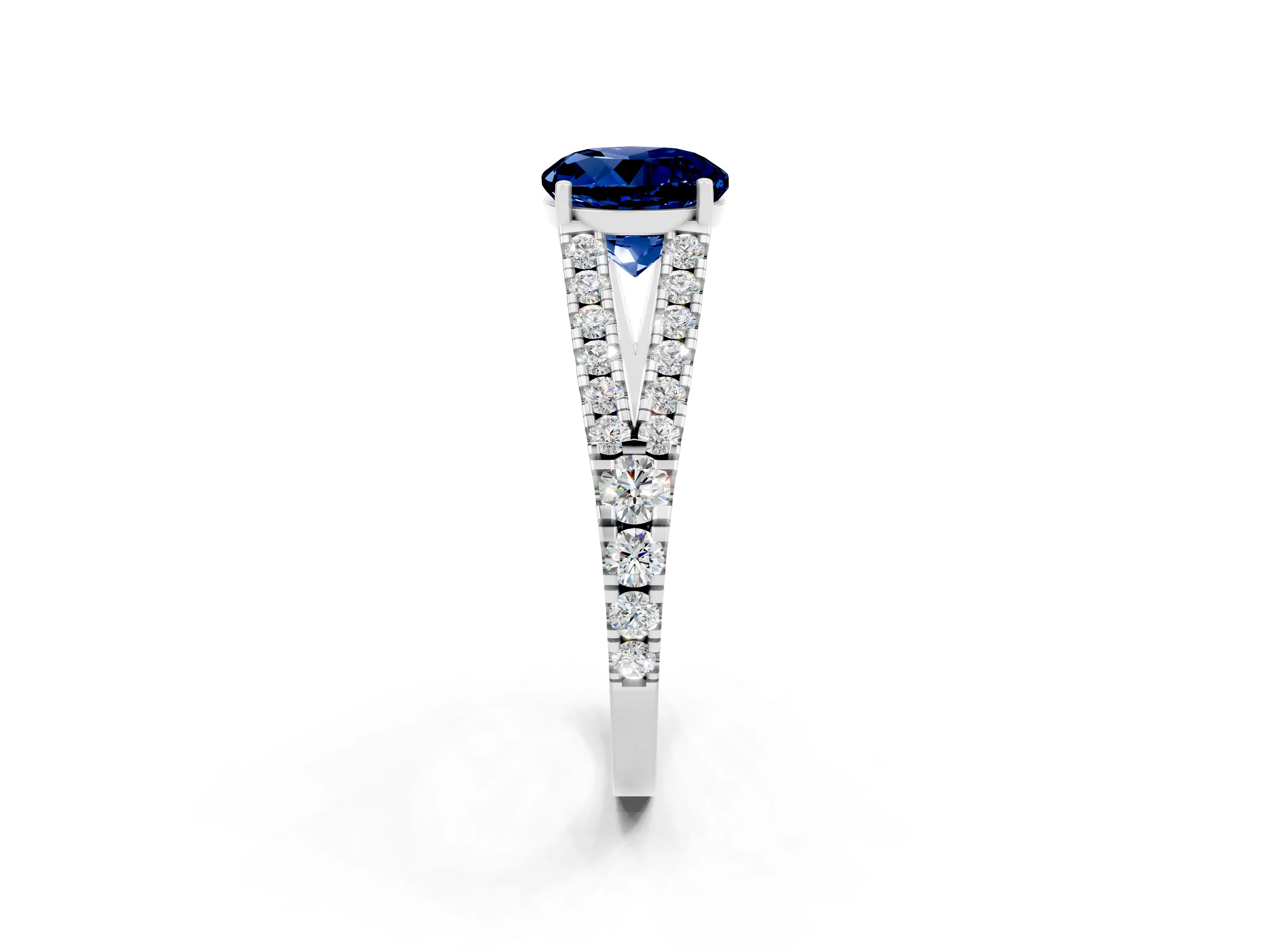 White gold Round Cut Blue Sapphire Split Shank Pavé Engagement Ring with Four-Prong Setting_14