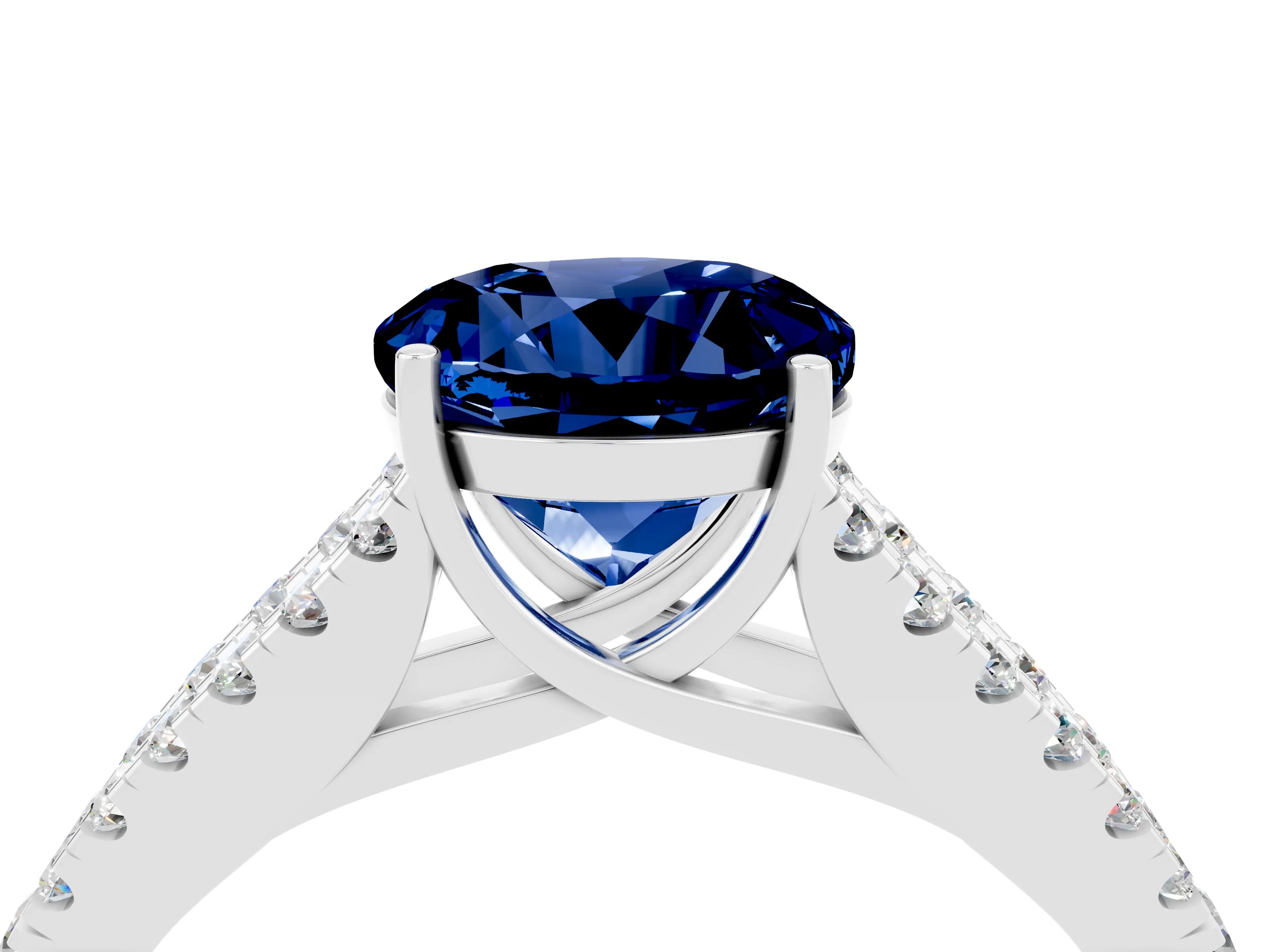 White gold Round Cut Blue Sapphire Split Shank Pavé Engagement Ring with Four-Prong Setting_16