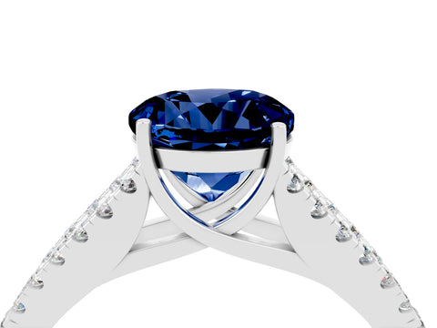 White gold Round Cut Blue Sapphire Split Shank Pavé Engagement Ring with Four-Prong Setting_16