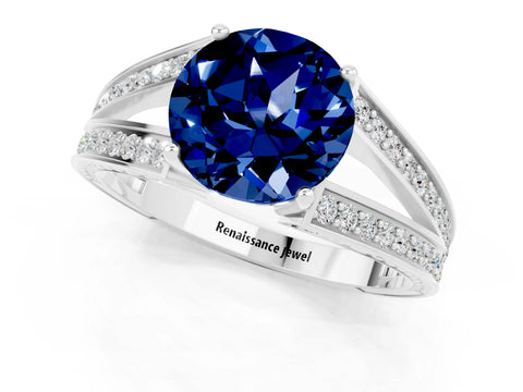 White gold Round Cut Blue Sapphire Split Shank Ring with Pavé Band and Four-Prong Setting_1