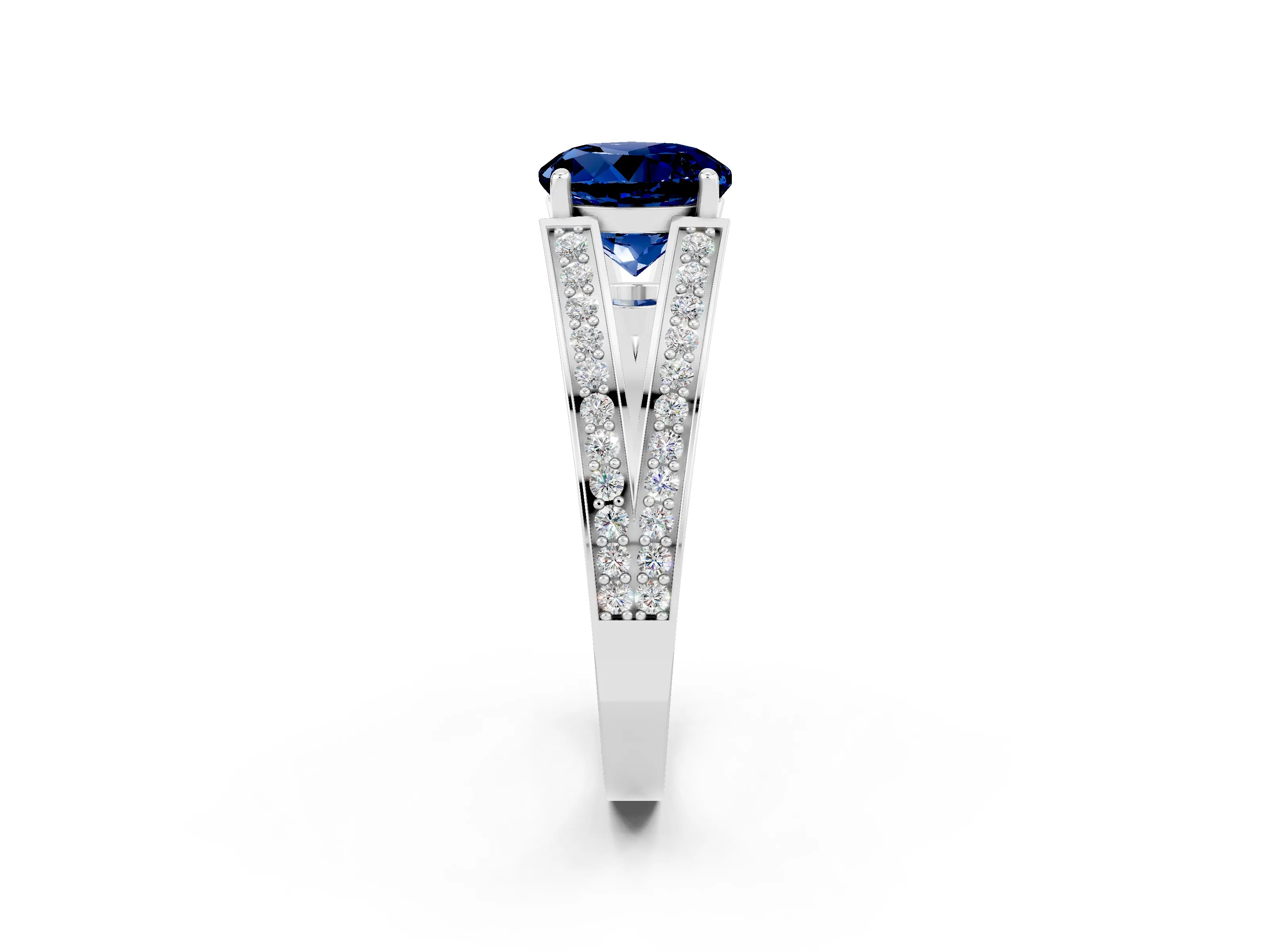 White gold Round Cut Blue Sapphire Split Shank Ring with Pavé Band and Four-Prong Setting_2