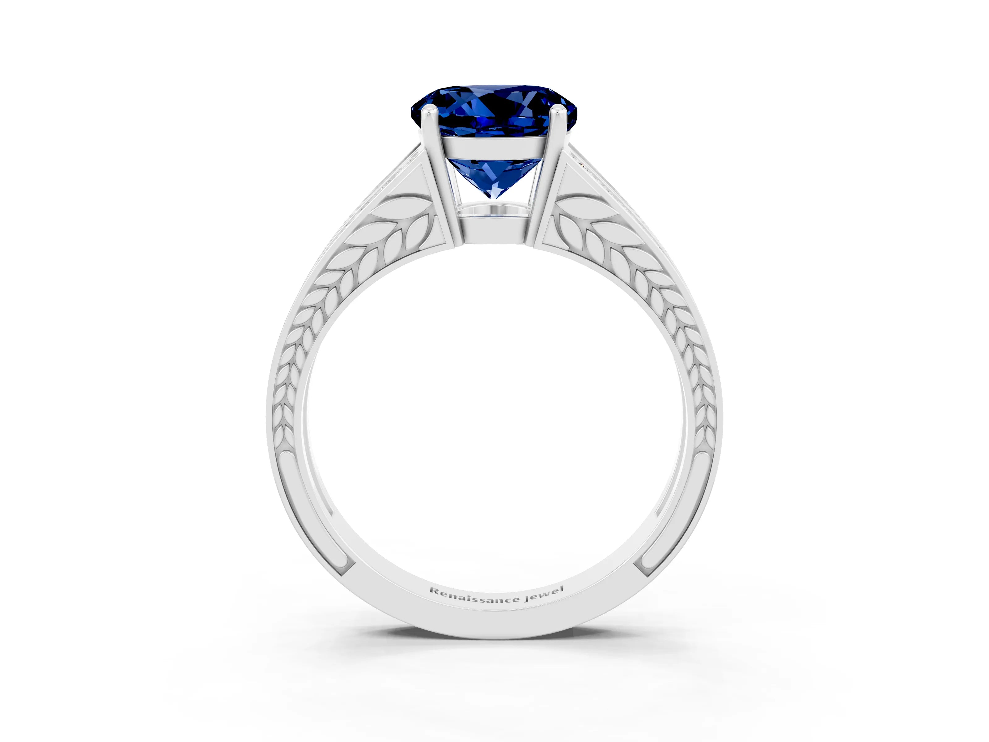White gold Round Cut Blue Sapphire Split Shank Ring with Pavé Band and Four-Prong Setting_3