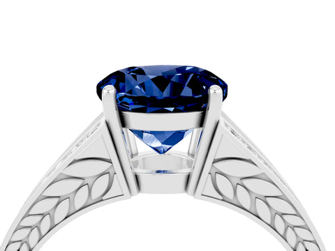 White gold Round Cut Blue Sapphire Split Shank Ring with Pavé Band and Four-Prong Setting_4
