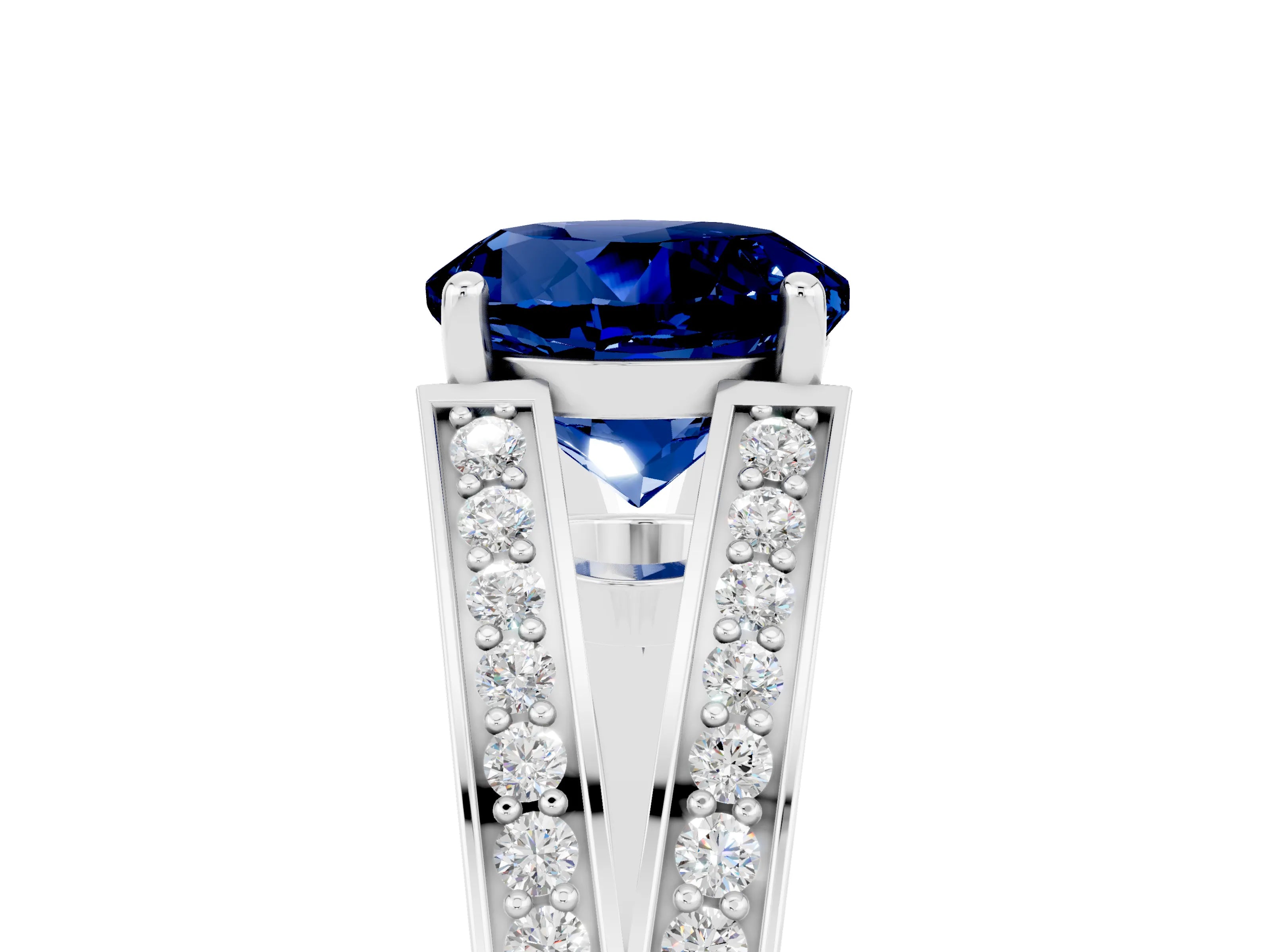 White gold Round Cut Blue Sapphire Split Shank Ring with Pavé Band and Four-Prong Setting_5