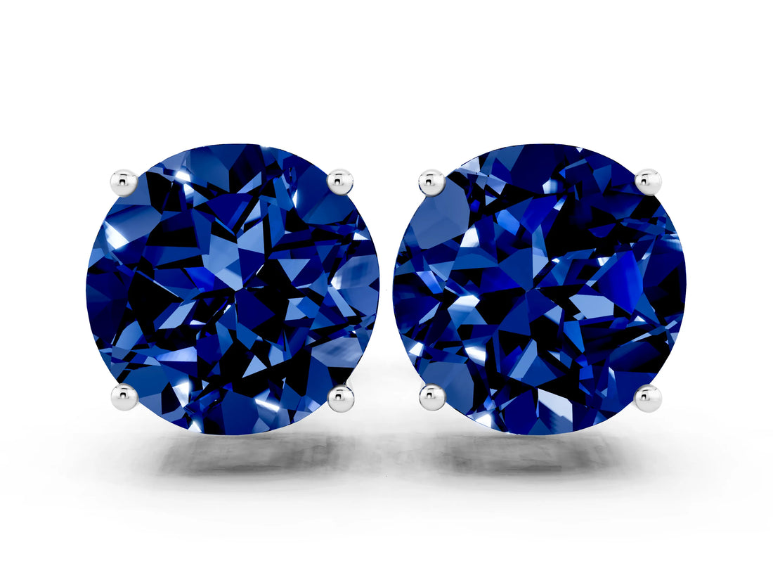 10K White Gold 3.03 Carat Round Blue Sapphire Stud Earrings
