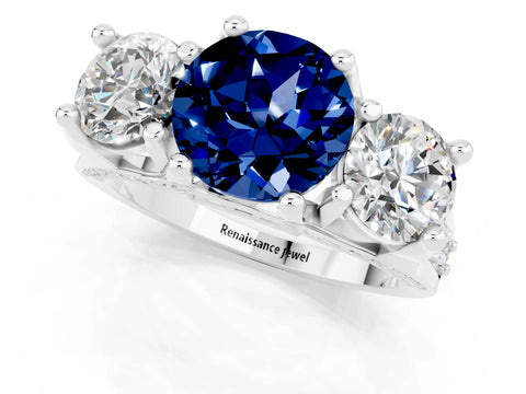 White gold Round Cut Blue Sapphire Three-Stone Ring with Channel Set Band and Four-Prong Setting_1