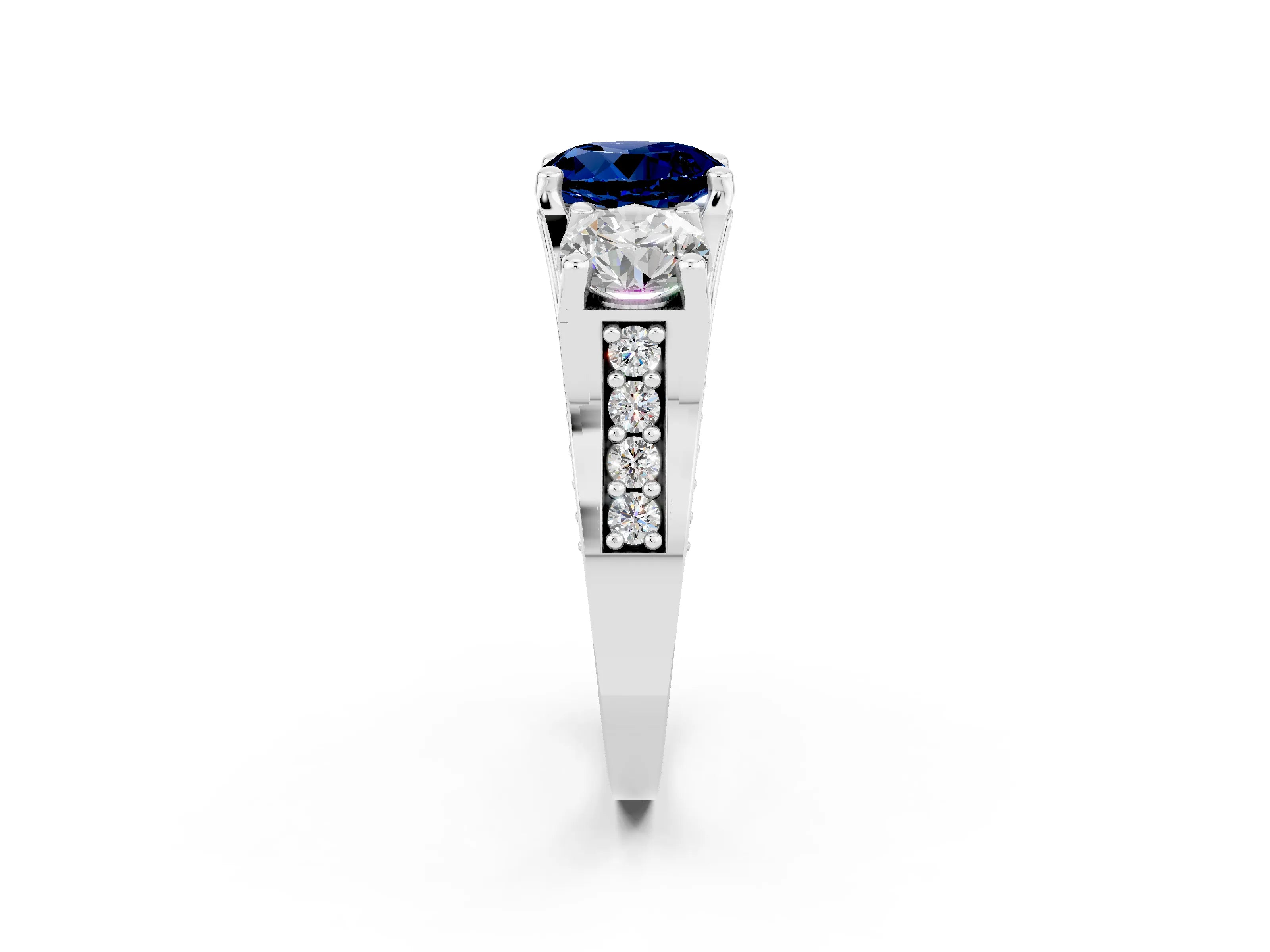 White gold Round Cut Blue Sapphire Three-Stone Ring with Channel Set Band and Four-Prong Setting_2