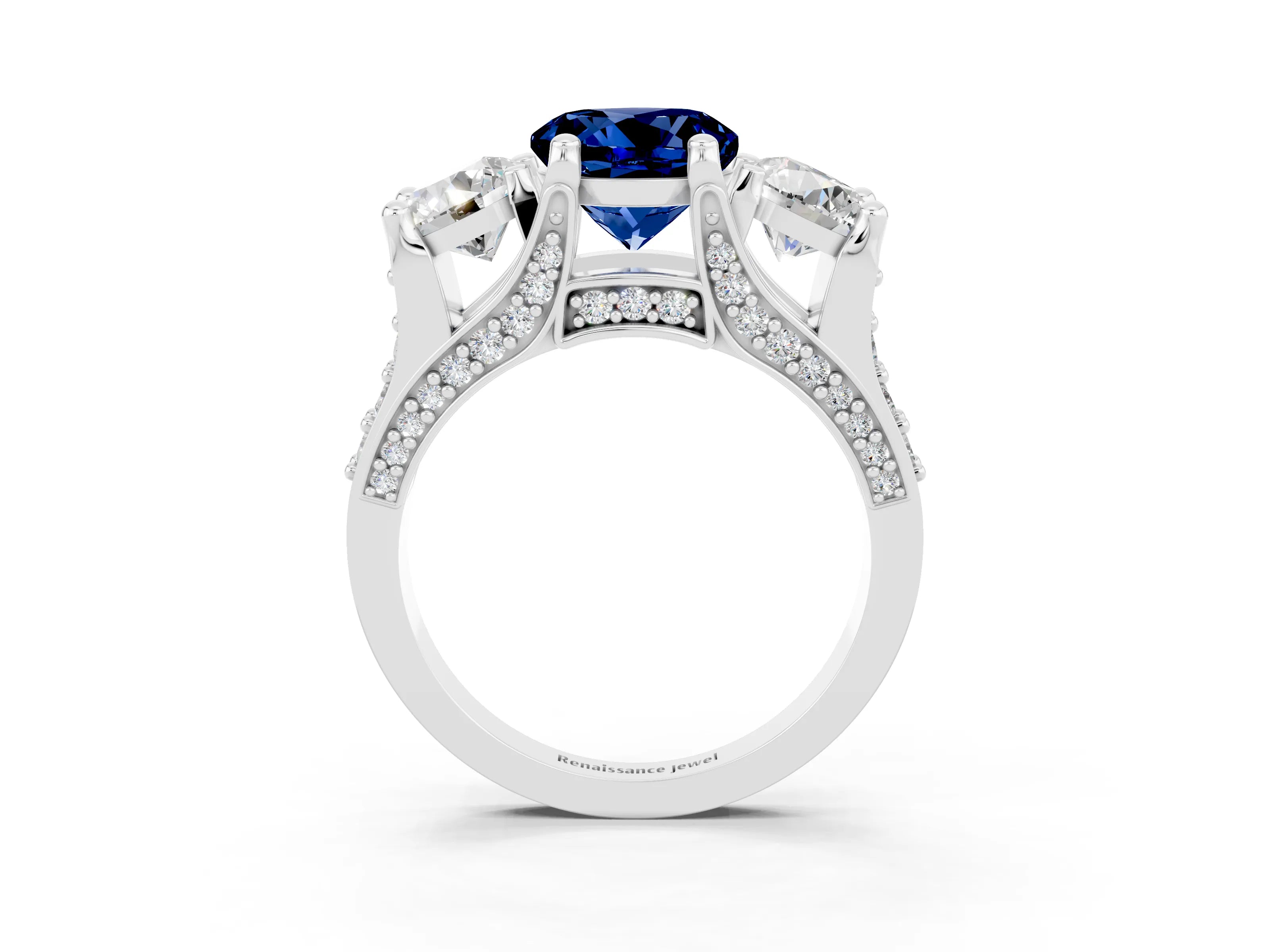 White gold Round Cut Blue Sapphire Three-Stone Ring with Channel Set Band and Four-Prong Setting_3