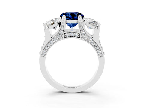 White gold Round Cut Blue Sapphire Three-Stone Ring with Channel Set Band and Four-Prong Setting_3