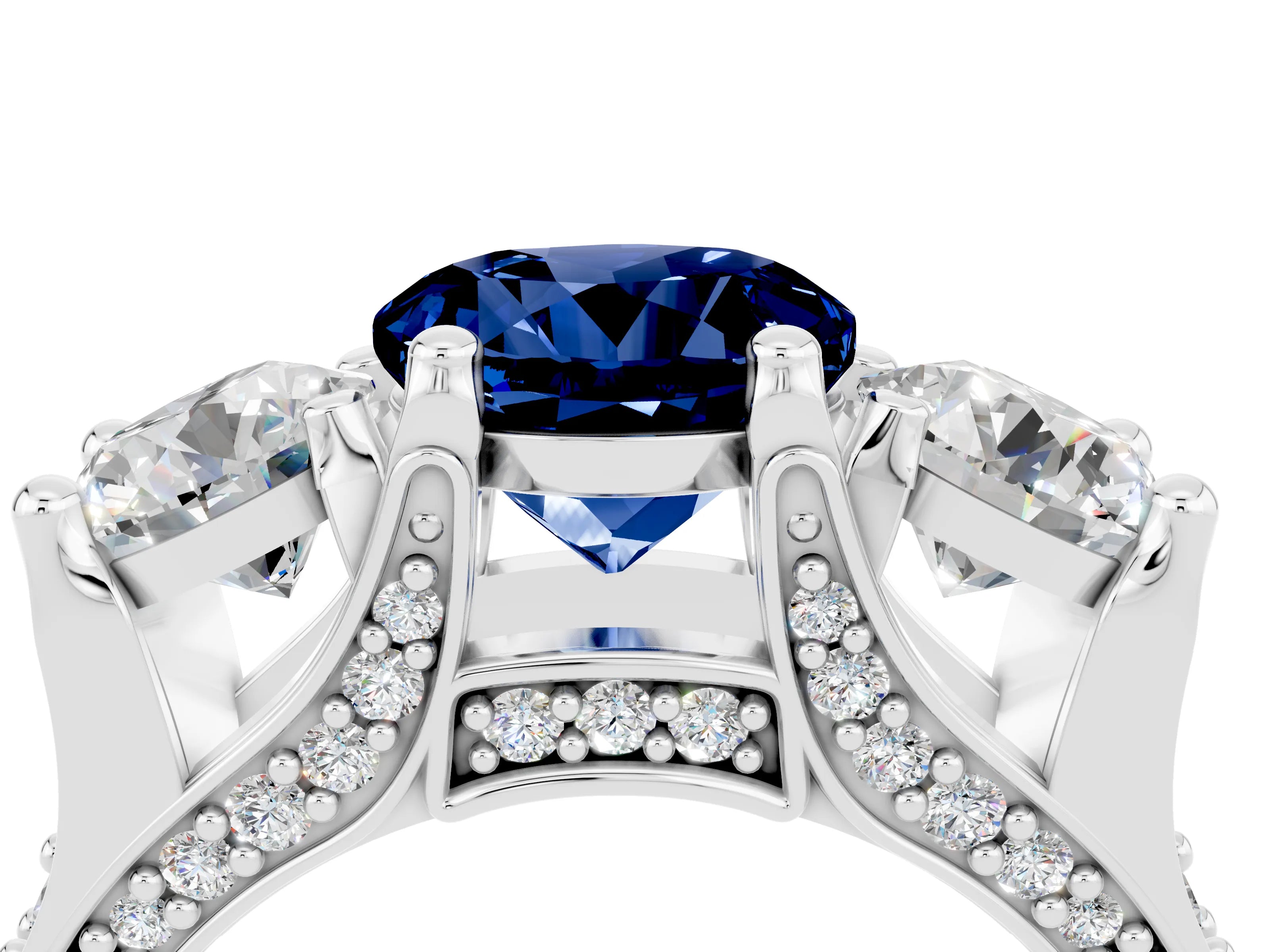 White gold Round Cut Blue Sapphire Three-Stone Ring with Channel Set Band and Four-Prong Setting_4