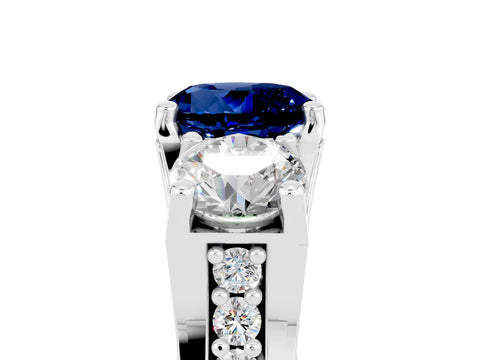White gold Round Cut Blue Sapphire Three-Stone Ring with Channel Set Band and Four-Prong Setting_5