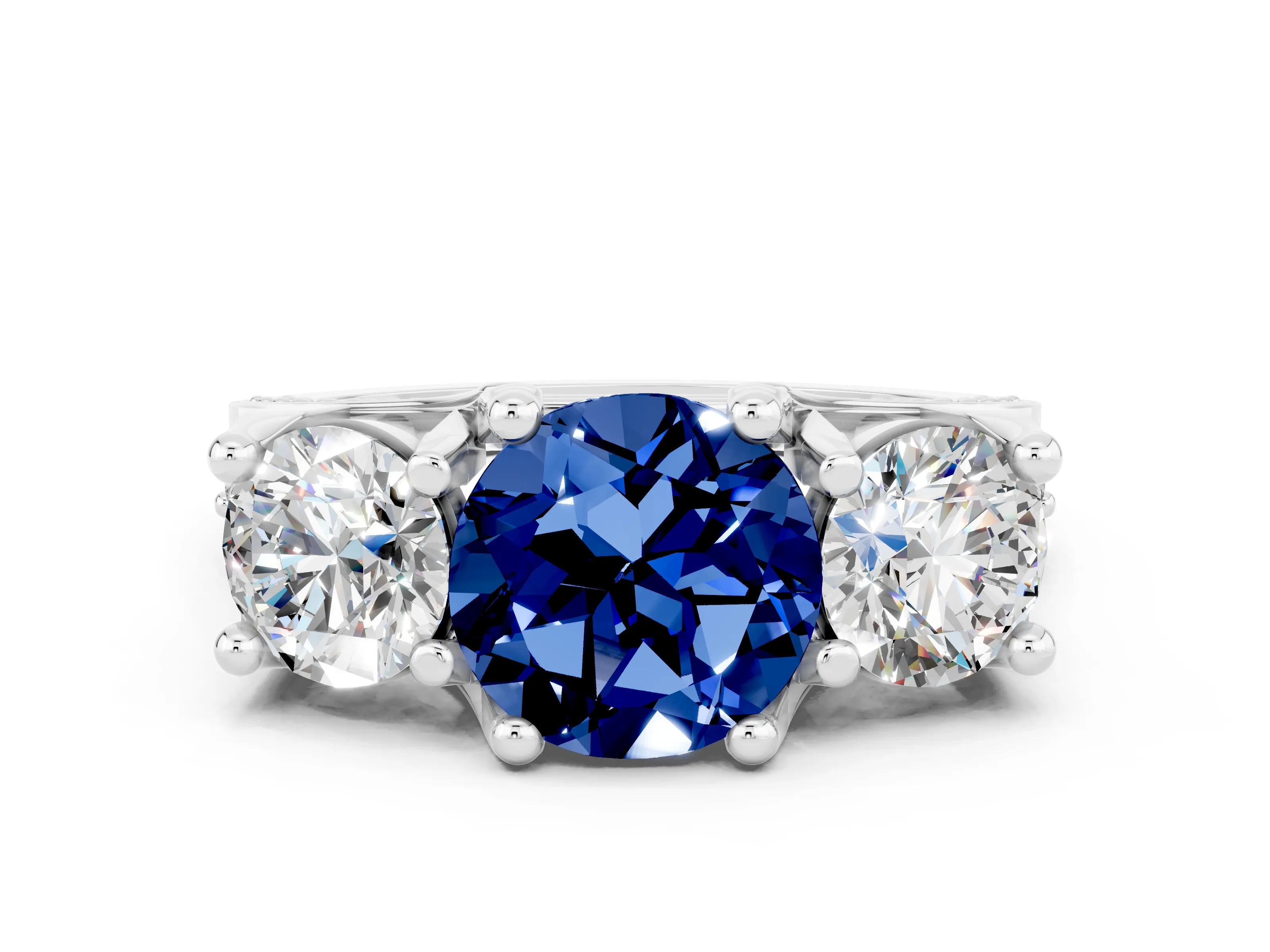 White gold Round Cut Blue Sapphire Three-Stone Ring with Channel Set Band and Four-Prong Setting