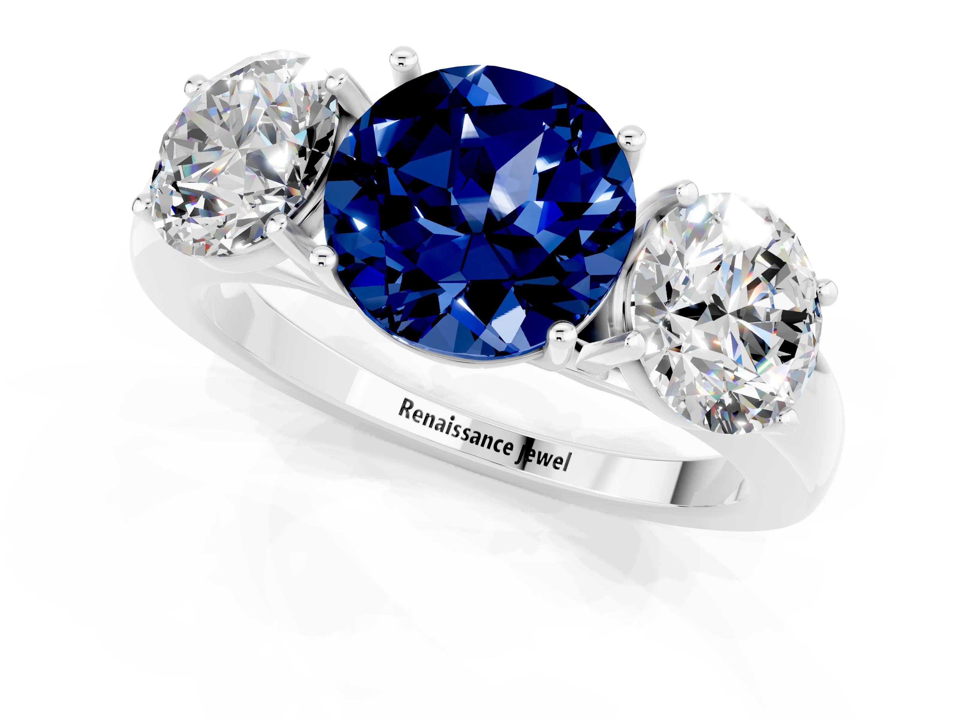 White gold Round Cut Blue Sapphire Three-Stone Ring with Four-Prong Setting and Classic Band_1