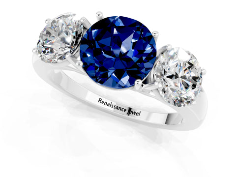 White gold Round Cut Blue Sapphire Three-Stone Ring with Four-Prong Setting and Classic Band_1