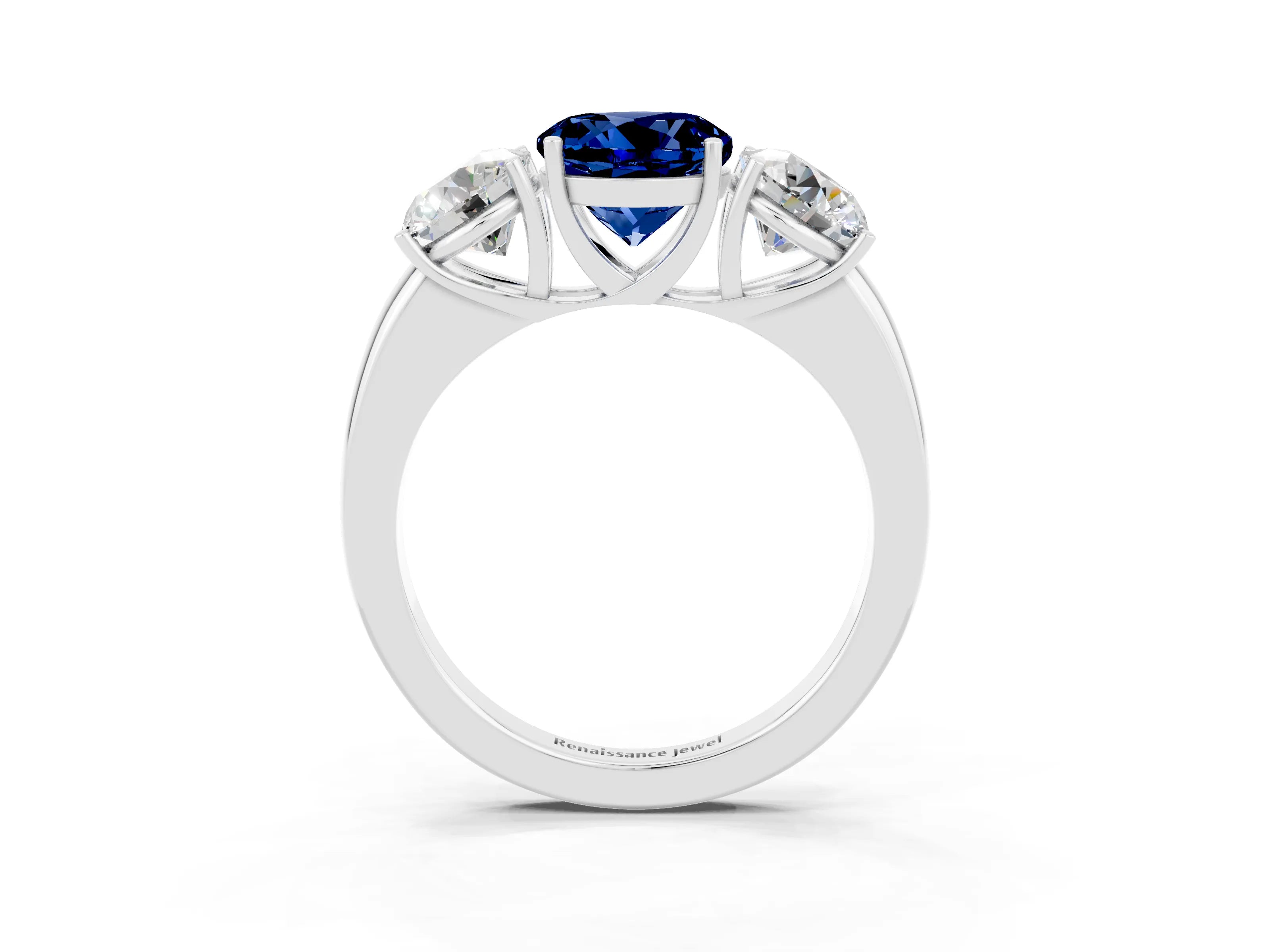 White gold Round Cut Blue Sapphire Three-Stone Ring with Four-Prong Setting and Classic Band_3