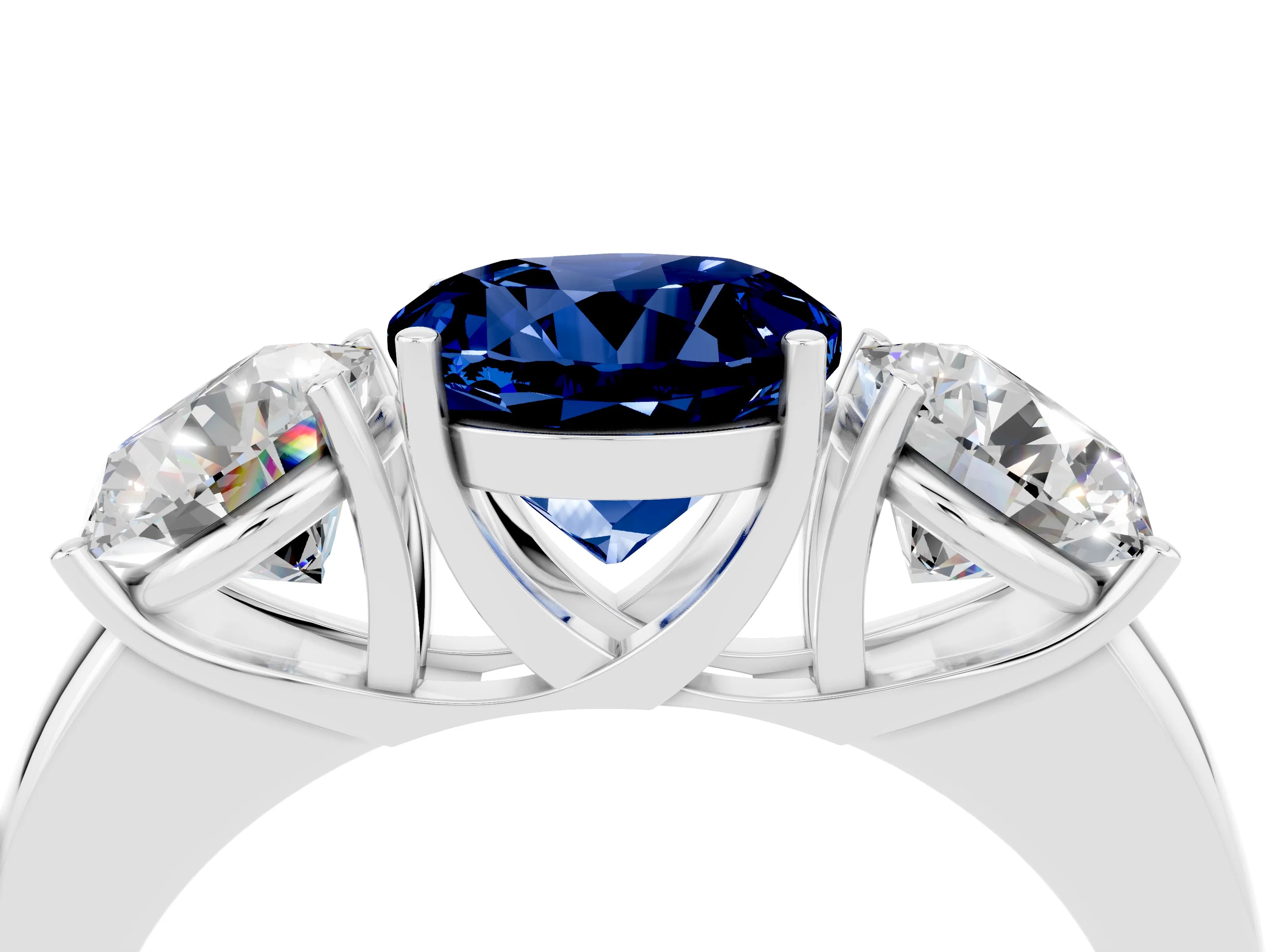 White gold Round Cut Blue Sapphire Three-Stone Ring with Four-Prong Setting and Classic Band_4