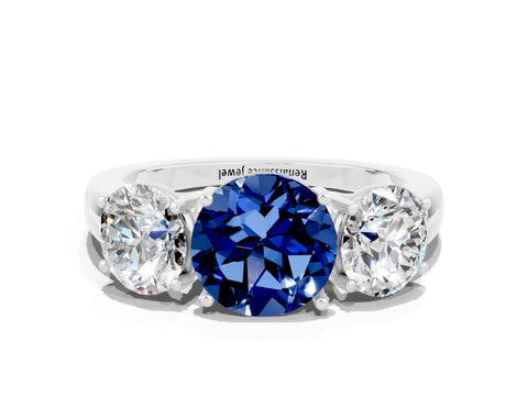 White gold Round Cut Blue Sapphire Three-Stone Ring with Four-Prong Setting and Classic Band