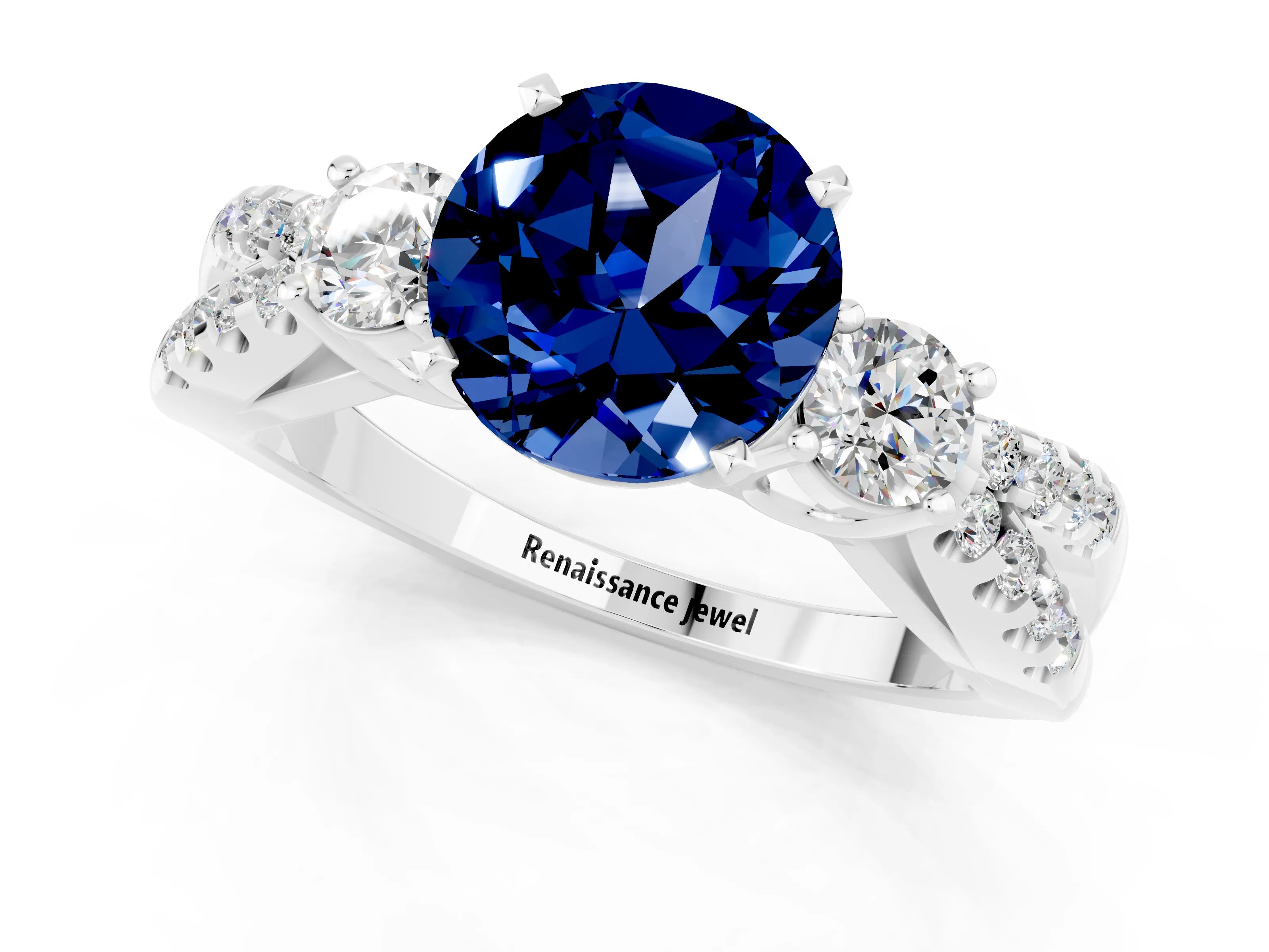 White gold Round Cut Blue Sapphire Three-Stone Ring with Pavé Split Shank and Four-Prong Setting_1