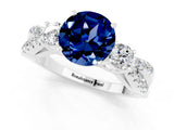 White gold Round Cut Blue Sapphire Three-Stone Ring with Pavé Split Shank and Four-Prong Setting_1