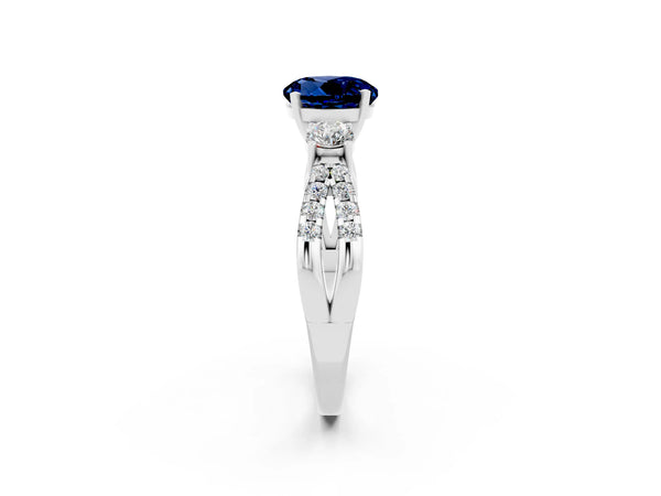 Silver Round Cut Blue Sapphire Three-Stone Ring with Pavé Split Shank and Four-Prong Setting