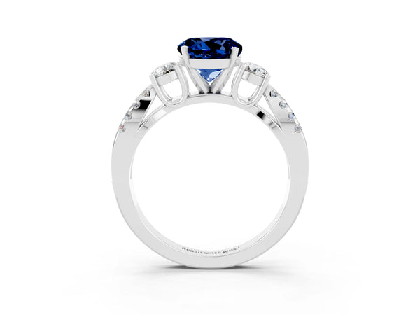 White gold Round Cut Blue Sapphire Three-Stone Ring with Pavé Split Shank and Four-Prong Setting