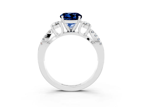 White gold Round Cut Blue Sapphire Three-Stone Ring with Pavé Split Shank and Four-Prong Setting_3